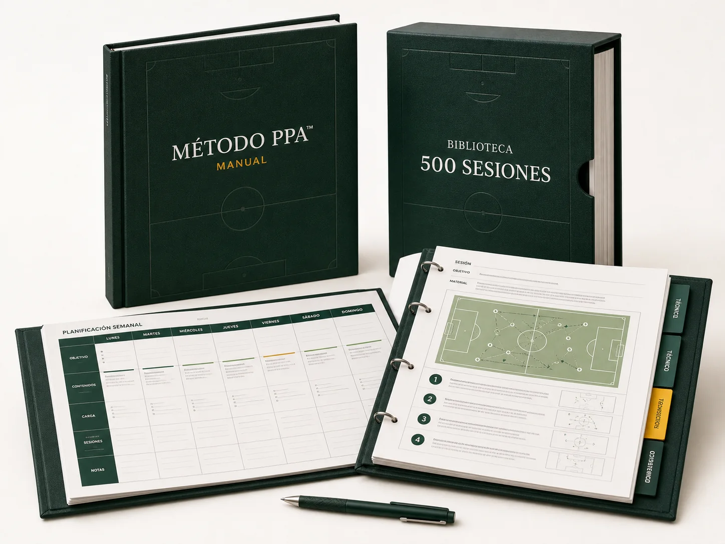 Manual del Método PPA y Biblioteca de 500 Sesiones junto a páginas internas de planificación